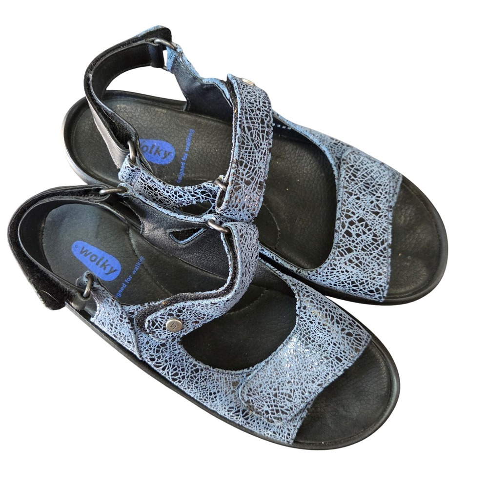 Wolky Blue Leather Hook Loop Comfort Sandals EU 38 US 7 Orthopedic